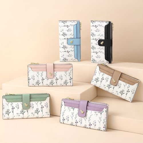 Image of Small Wallets for Women Leather Bifold Zipper Pocket Wallet Cute Flower Credit Card Holder Coin Purse with ID Window