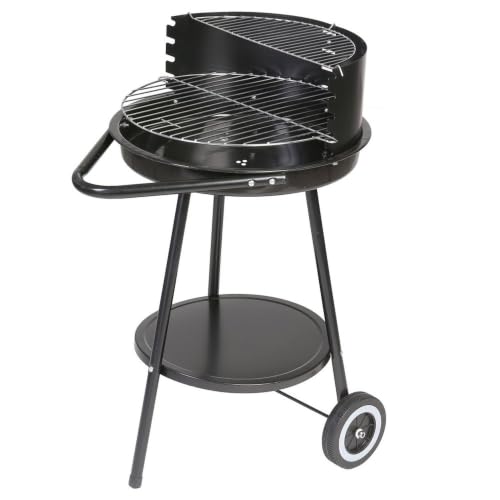 LOLAhome Barbacoa de carbón Negra | De Ø47x78cm | Regulable 4 Alturas, Doble Parrilla Cocinar y Calentar, fácil Montaje, fácil guardado | para 8 comensales | Barbacoa jardín