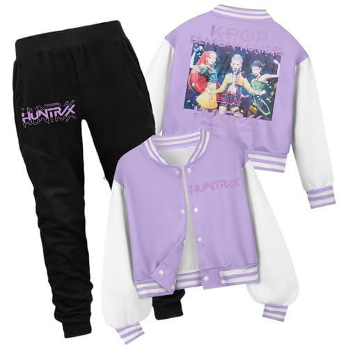 BEIBEINOYA Girls Varsity Jacket and Sweatpants Set K-pop Huntrix Graphic Bomber Jackets Kids Fashion Letterman Outfit Activewear (1-Purple,5-6 Years)
