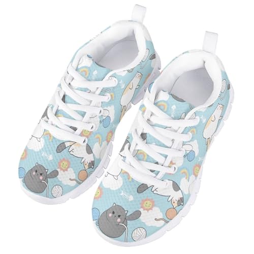 Yzaoxia Cute Cat Little Girls Size 13 Sneakers Running Shoes for Kids Barefoot Shoes Athletic Hiking Sneaker Blue Flat Trainers Mesh Footwear for School Gym