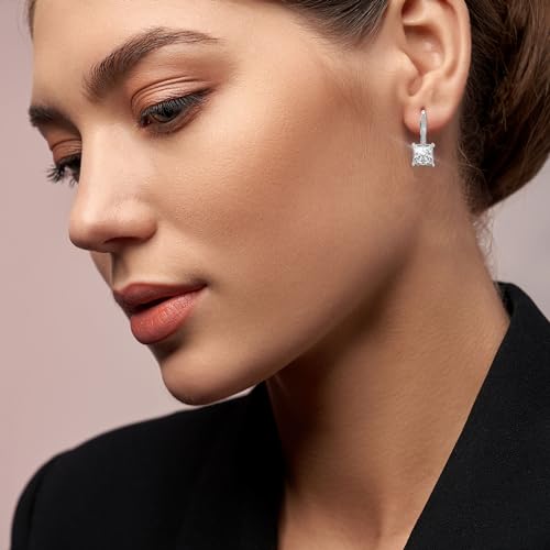 18K White Gold Plated Princess Cut Cubic Zirconia Drop Leverback Earrings Sterling Silver Square Simulated Diamond CZ Dangle Earrings for Women Hypoallergenic3