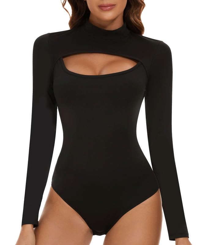 Amazon.com: SHAPERIN Women's Mock Neck Long Sleeve Bodysuit
