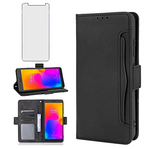 Asuwish Compatible with Alcatel 1B 2022 Wallet Case and Tempered Glass Screen Protector Card Holder Stand Leather Flip Cell Accessories Phone Cover for Women Men Black