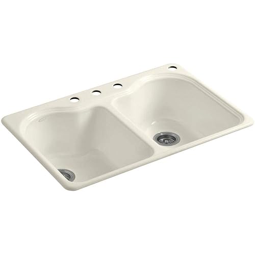 Kohler K-5818-4-96 2-Bowl Equal Top-Mount Drop-In 4-Hole Kitchen Sink Biscuit
