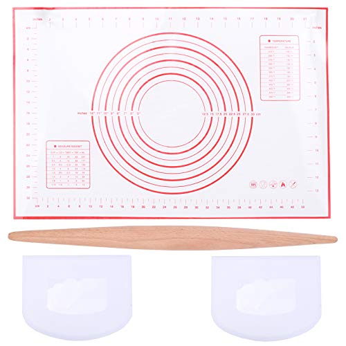 Anpatio 4 Pcs Pastry Mat Non-slip Dough Rolling Mat 6" x 24" Silicone Baking Mat with Pizza Rolls Measuring Scale Silicone Bowl Scraper for Silicone Baking Mat Counter Mat Dough Rolling Mat Red