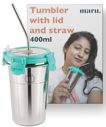Image of MARU Stainless Steel Tumbler 400ml with Lid, Reusable Straw & Cleaning Brush - Durable, Leakproof & Portable Sippy Cup - Ideal for Travel, Office & Home (Green)