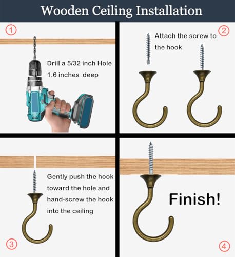 Image of Screw-in Ceiling Hooks for Hanging Plants 2 Pack (Antique Brass) | Holds 30 lbs on wood & concrete, 20 lbs on drywall; heavy duty 2.4 inch swag hook for chandeliers, lanterns & porch decor