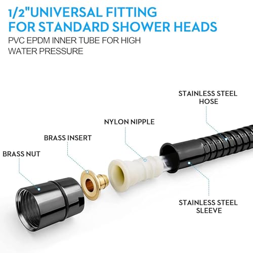 GEFIRE Duschschlauch, Edelstahl Brauseschlauch 1, 5m, Verdrehschutz Flexibel, mit 4 Wassersparer Durchflussbegrenzer, Standard 1/2/’’ Anschluss, Druckbeständig, Hitzebeständig, Schwarz