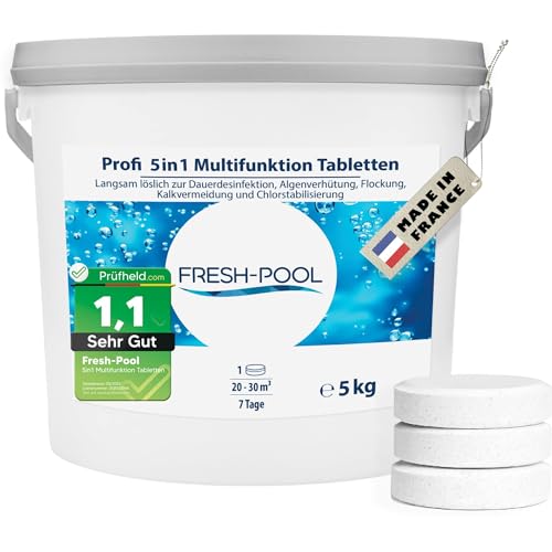Fresh-Pool Profi 5in1 Multifunktion Tabletten 200g 5 kg - Chlortabletten für Pool mit Algizid und Flockung | Multifunktionstabletten Pool | Multitabs 5 in 1 200g | Chlortabs/Multitabs Pool 200g