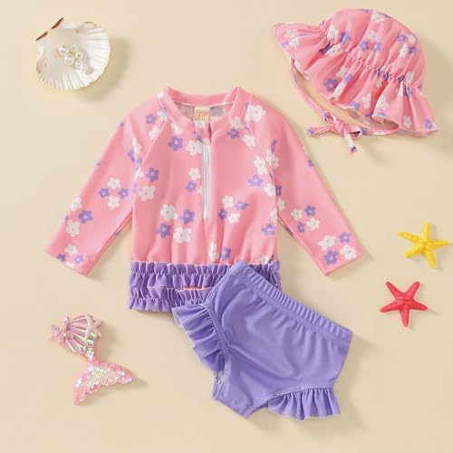 Toddler Girls Swimsuit with Hat Ruffle Stripe Swimwear Summer Beach Bathing Suit 6M-4T3