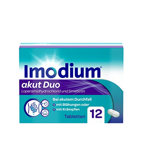 IMODIUM akut Duo – Unsere Kompletthilfe bei akutem Durchfall – Lindert zusätzlich Blähungen oder Krämpfe - 12 Tabletten