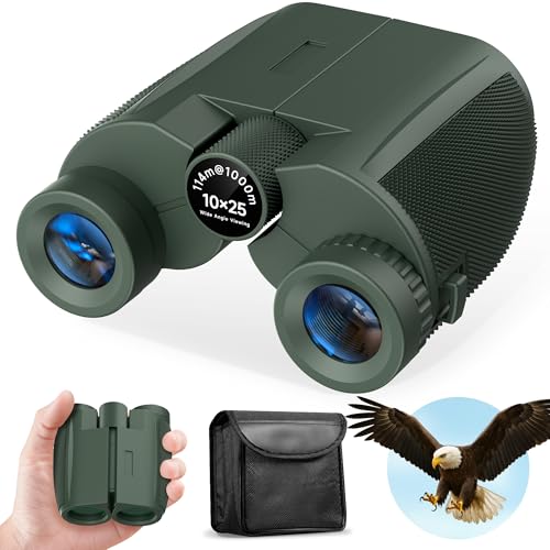 Leacco 10x25 Compact Binoculars for Adults and Kids, Large View Waterproof Small Binoculars with Low Light Vision BAK4 Prism FMC Lens for Cruise Ship Bird Watching Travel Hunting, Military Green