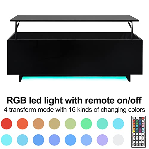 High Gloss Lift Top Table With Led Lights, Led Coffee Table With Storage Shelf And Hidden Compartment For Home Living Room Reception Room Office, Black #TOP7