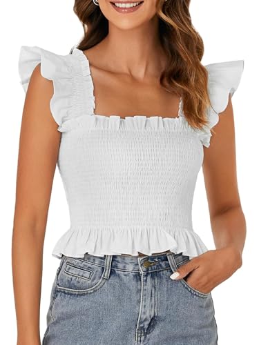 Rooscier Women's Smocked Ruffle Cap Sleeve Square Neck Peplum Blouse Top Plain White Small2