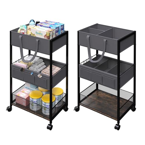 Image of Diaper Caddy Organizer and Storage, 3-Tier Baby Storage Organizers with 2+2 Dividers, Large Capacity Diaper Rolling Cart for Nursery, Diaper Caddy Cart for Crib, Bedroom, Bathroom