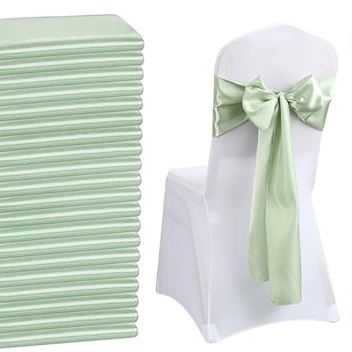 QeeFop Lot De 50 Écharpes de Chaise En Satin Vert Sauge Chaise-Décorative Arc Conçu Pour Chaise De Mariage, Anniversaire, Banquet, Fête (Vert Sauge)