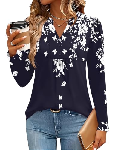 IECCP Long Sleeve Shirts for Women Dressy Henley V-Neck Pleated Fall Tops