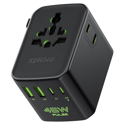 Image of Epicka Pulse Duo 45W Universal Travel Adapter, International Power Adapter with 6-Port (2 AC /2 USB-A /2 USB-C), European Travel Plug Adapter with PD Fast Charging, Travel Essentials (Pure Black)
