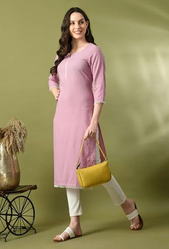 Image of Amazon Brand - Tavasya Women Cotton Katha Straight Regular Fit Kurta | Solid Ethnic Kurti | 3 /4 Sleeve Casual & Office Wear |Kurta for Women