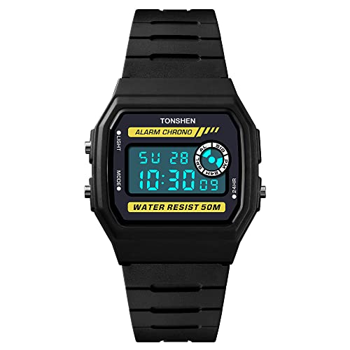 TONSHEN Impermeable Relojes Deportivo 50M Resistente al Agua LED Electrónica Alarma Cronómetro Outdoor Militar Fashion Casual Digital Reloj de Pulsera (Amarillo)