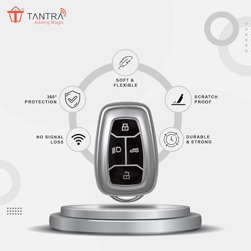 Image of SIAGO TPU Key Cover and Round Keychain Compatible for Tata Nexon | Harrier | Safari | Altroz | Tigor | EV | Punch | Tiago EV Electric 4 Button Smart Key (Grey)