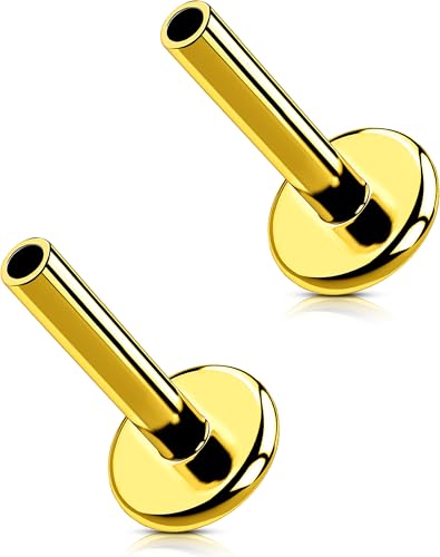 MS CUTE 18G 5mm Gold G23 Titanium Threadless Flat Back Post – Push Pin Stud Bar for Lobe and Tragus Piercing, Short Length Lightweight Replacement Shaft, 2PCS Titanium Jewelry