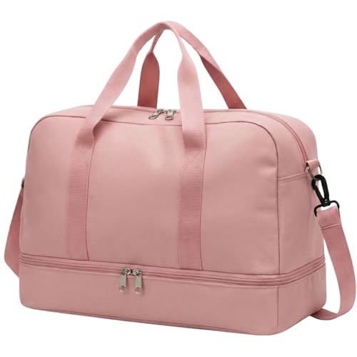 Mala de Mao Compacta de Viagem Feminina Funcional com Alca Transversal Bolsa de Viagem em Nylon Resistente com Bolso para Sapatos Ajustavel Leve e Versatil Ideal e Uso Diario (Rosa)