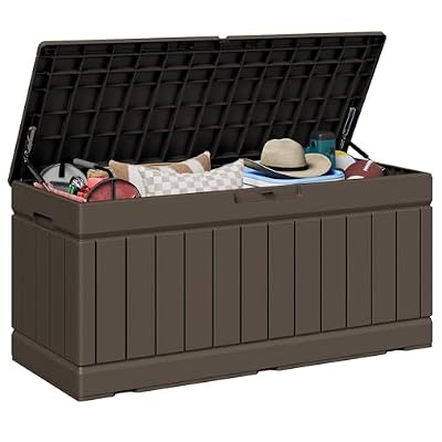 JUMMICO 78 Gallon Outdoor Deck Box Large Resin Storage Box for Patio Furniture Cushions and Garden Tools (Brown)