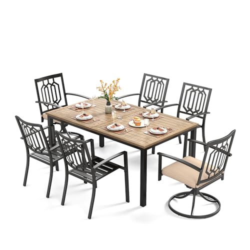 Image of PHI VILLA 7 Pcs Outdoor Dining Set for 6,Metal Table& Fixed Swivel Chairs | Wood-Like Wrought Iron Table w / Umbrella Hole,Modern Metal Furniture for Patio, Deck, Yard, Porch