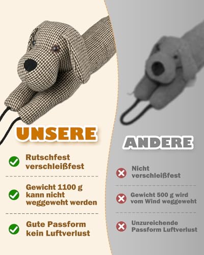 Zugluftstopper Für Türen 93cm, 1.1KG Schwer Zugluftstopper Tür, Schutz vor Luftzug und Lärm, Tier Dekorative Windstopper mit Hängenden Schlaufen, für Türen und Fenster, Brauner Dackel