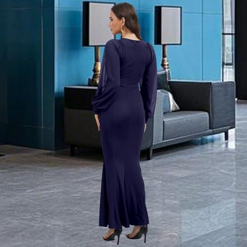 Image of Women's Elegant Formal Mermaid Maxi Dress Off Shoulder Long Sleeve Wedding Split Evening Gown Prom Cocktail Party Dresses