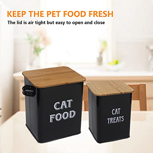 Cat Food And Treats Containers Set With Scoop For Cats Or Dogs -Tight Fitting Wood Lids - Coated Carbon Steel - Storage Canister Tins-Cat-Black #TOP4