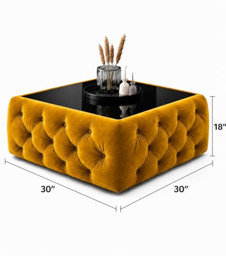 Image of Premium Tufted Upholstered Coffee Table with Mica Top - Modern Square Ottoman Center Table, Soft Velvet Finish, Luxury Living Room Furniture - 30 x 30 x 18 Inch (Yellow)