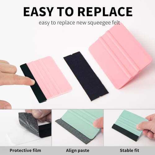 Image of AMZDEPOT 2 Pcs Felt Edge Squeegee 4 Inch Teal and Pink | Extra 2 Felt Replacements, Non Slip Plastic 4 Inch Squeegee, Scratch Free Bubble Elimination, for Car Wrap Window