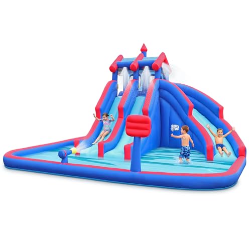 Sunny & Fun Mega Sport Inflatable Water Triple Slide Park – Heavy-Duty for Outdoor Fun - Climbing Wall, 3 Slides & Splash Pool – Easy to Set Up & Inflate with Included Air Pump & Carrying Case