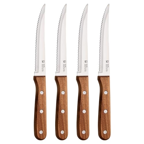 San Ignacio Compact - Juego De 4 Cuchillos Para Carne - Acero Inoxidable- Hoja Con Acabado Mate - Hoja 12.5cm - Mango De Madera De Acacia - Apto para Barbacoas - Agarre ABS