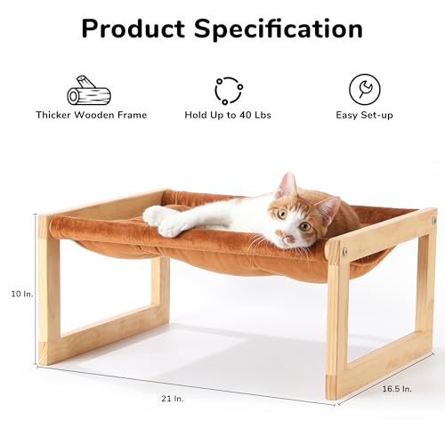 FUKUMARU Cat Bed with Removable Cover, Plush Velvet Couch for Indoor Cats, Wooden Feline Hammock, 21 x 16.5 Inch Kitten Sofa, Suitable for Kitty, Dog, Bunny and Small Animal, Brown
