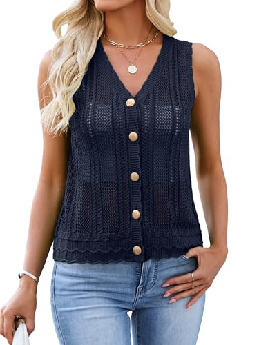 Bellcoco Womens Crochet V Neck Sweater Vest Hollow Out Summer Sleeveless Tops Knit Spring Cardigans Button Down Tank Top Navy L