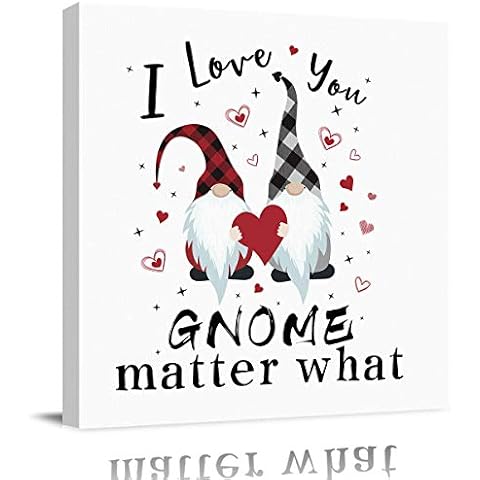 Wall Art Paintings on Canvas Print I Love You Gnome Matter What Valentine's Day Celebration White Office Artwork Home Decoration Living Room Bedroom Bathroom Walls Decor,Framed Ready to Hang 12x12in Cover