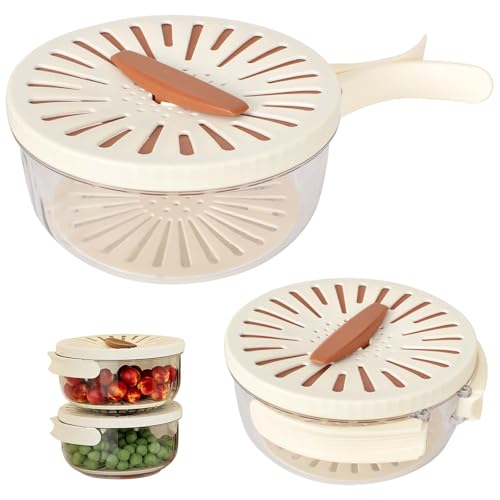 2 in 1 Draining Basket, Draining and Preservation Basket, Fruit and Vegetable Washing Bowl with Lid, Fruit Washer Drainer Container, with Foldable Handle, for Kitchen
