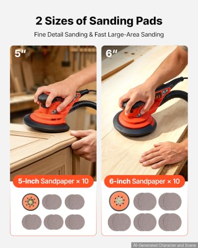 Image of VEVOR 5 & 6-Inch Random Orbital Sander 400W Brushless Orbital Sander, 4000-10000RPM 7 Speeds Electric Palm Sanders with 20PCS Sandpapers, Dust Bag & Vacuum Hose for Woodworking Detailing Sanding