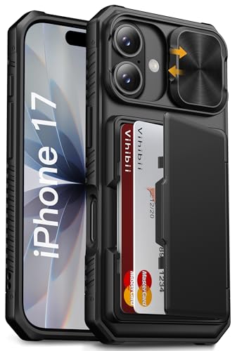 Vihibii para iPhone 17 Funda con tarjetero (4 tarjetas), cubierta de cámara deslizable, silicona con protección militar a prueba de golpes, funda robusta con bloqueo RFID para iPhone 17 de 6,3