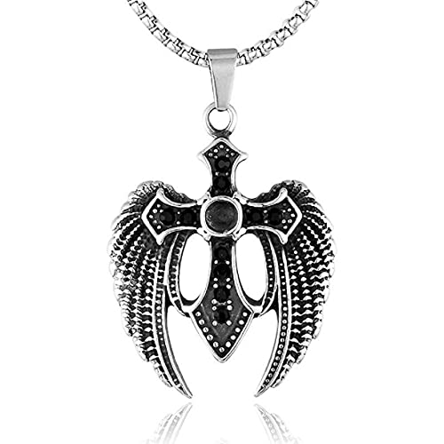 Pendentif aile d'ange sculpté et croix punk pour style masculin