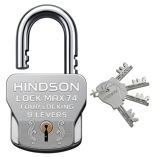 Image of HINDSON 4 Locking Heavy Duty Padlock | Lock MAX 74 | 9 Lever Steel Lock & Key | Chrome Finish Big Size 610g Approx Padlock with 4 Keys for Home, Gate & Shutter Security