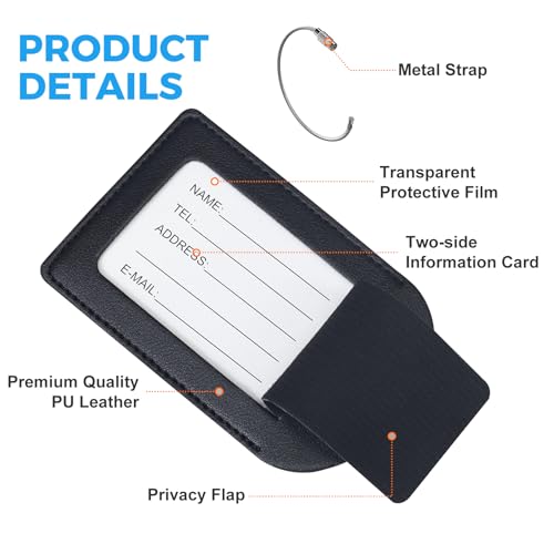 Gloppie 4-Pack Luggage Tags TSA Approved Luggage Tag for Suitcase PU Leather Suitcase Travel Tags with Secure Privacy Cover Black3