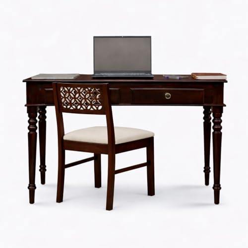 Image of Solid Sheesham Wood Two Drawer Study Table with Chair | Students Reading & Writing Table | Laptop & Work from Home Table (Dark Walnut)