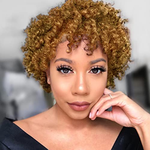 HHSHOW Short Curly Afro Synthetic Wigs for Black Women Golden Bob Curly Wigs with Bangs 8inch Golden Heat Resistant Fiber Braids Pixie Cut Wig (27#)