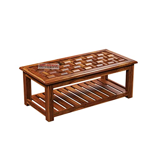 Image of Sheesham Wooden Centre Table with Storage Shelf for Living Room with Glass Top - Solid Wooden Coffee Table - Teapoy Tea Table Sofa Table & Center Table with Storage (Stern Honey)