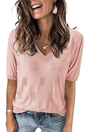 Image of Arach&Cloz Women's Lightweight Spring Summer Sweater Tops Casual Short Sleeve Blouses Shirts