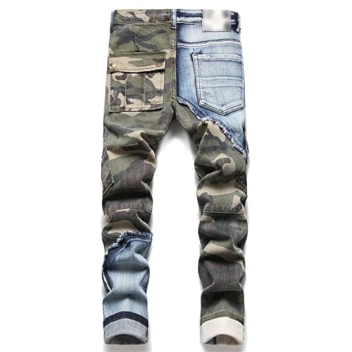 Mens Patchwork Camouflage Jeans Straight Patches Biker Denim Pants Relaxed Fit Vintage Pocketed Jean2